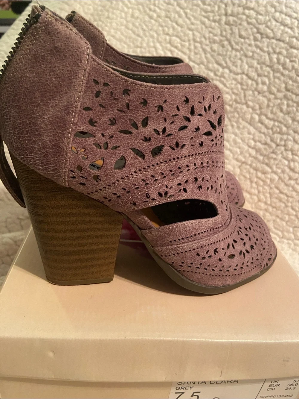Not Rated Peep-Toe Laser-Cut Block Heel Booties in Brown/Grey - wore once